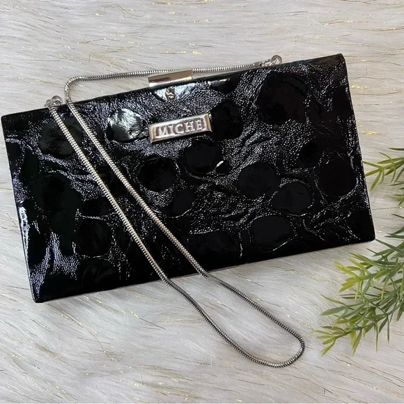 MICHE Black animal Print Faux Leather Silver tone Evening Clutch Bag NWOT - Picture 2 of 15